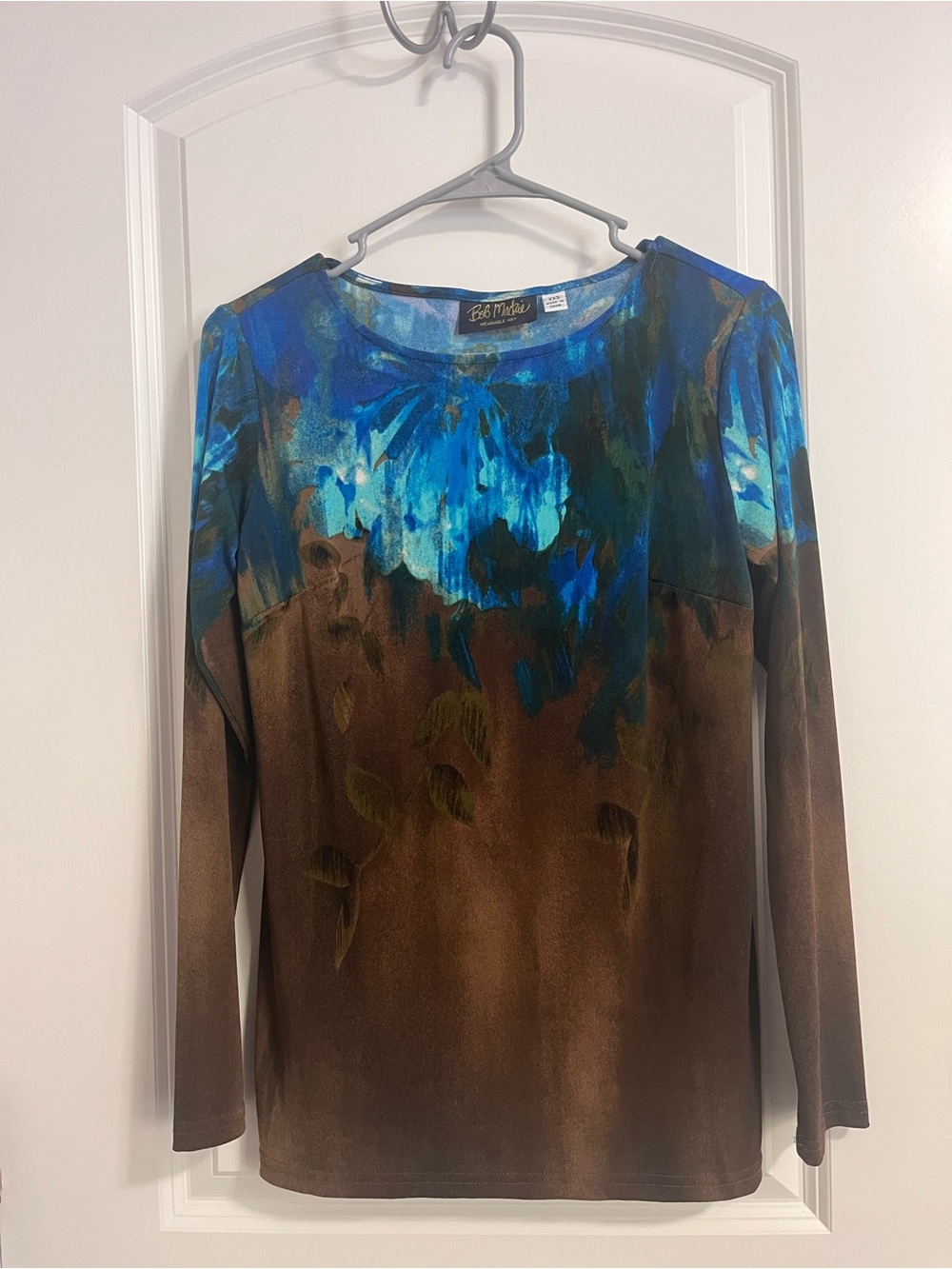 Bob Mackie Blue & Brown Scoop Neck Long Sleeve Top with Painterly Print